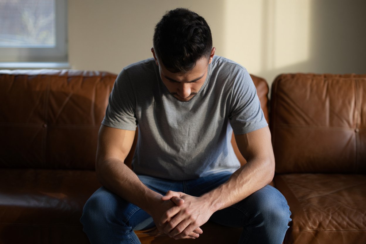 Героиновая ломка Грустный мужчина сидит на диване